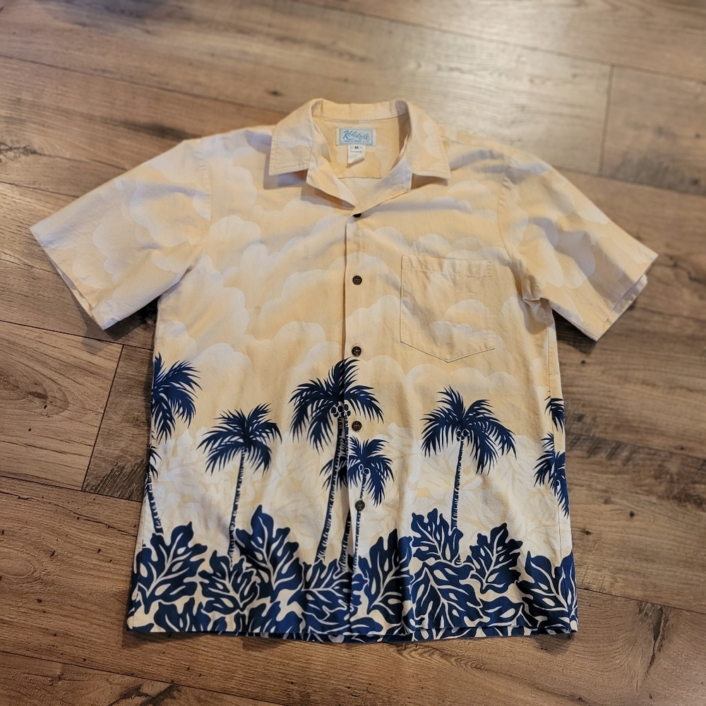 Vintage 90s Hawaiian Aloha Shirt Kolekole Peach Orange Navy Blue Palm Trees - Picture 3 of 16